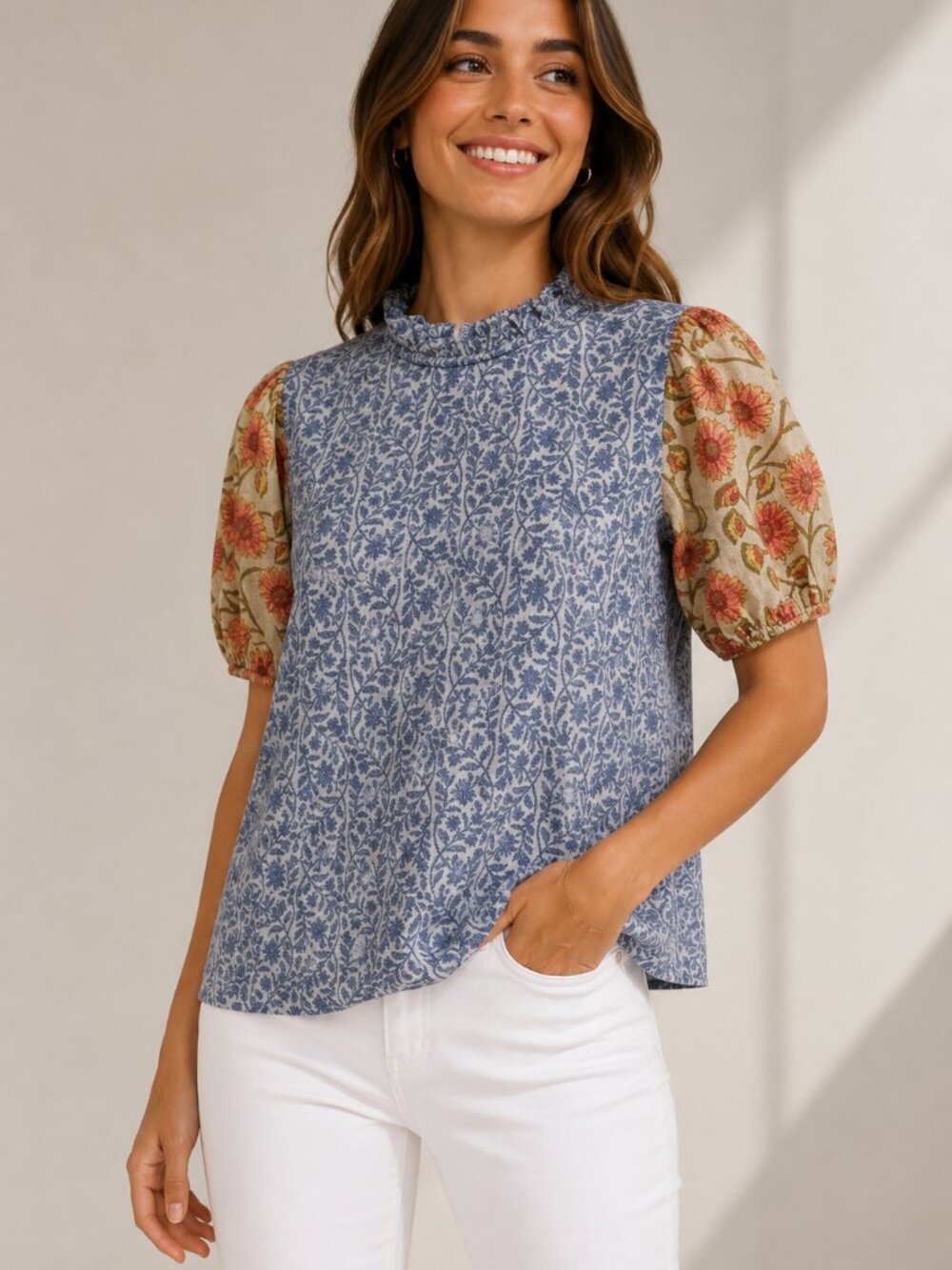 THML Women's Mixed Floral Puff Sleeve Top Size S — EUC